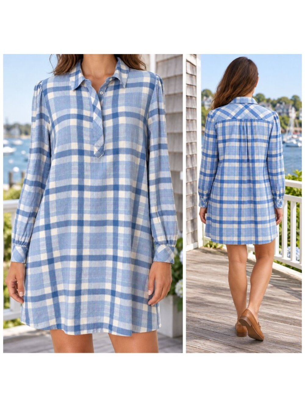 Vineyard Vines Dress Womens Large Blue Plaid Popover Cotton Wool Blend Preppy